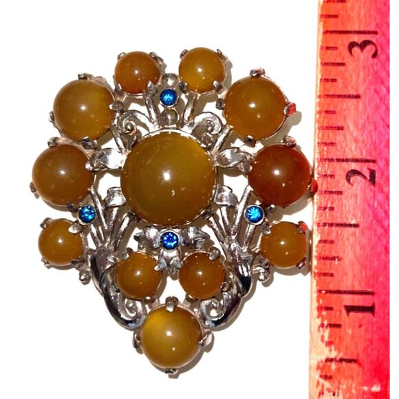 Vintage Silver Tone Apple Juice Bakelite & Blue Stone Art Nouveau Brooch - Picture 4 of 8